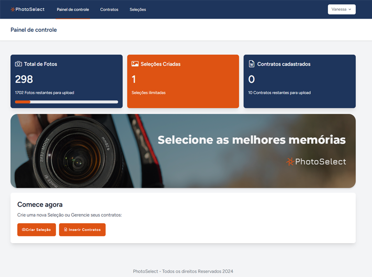 Tela do dashboard do PhotoSelect mostrando a interface de seleção de fotos
