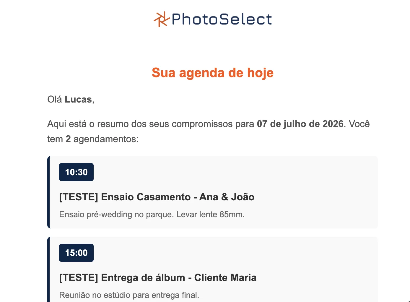 Avisos automáticos por e-mail da agenda do dia no PhotoSelect