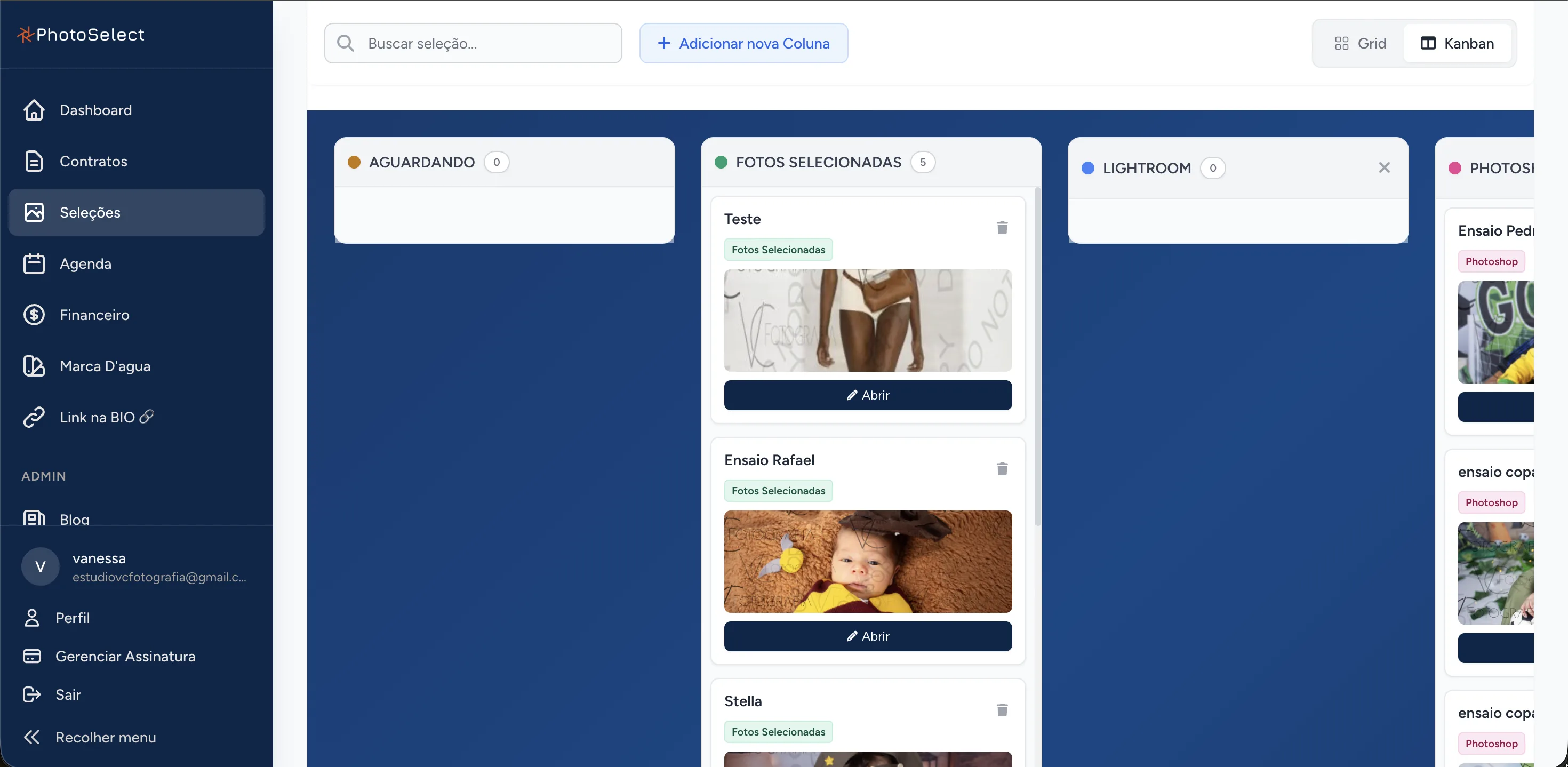 Kanban de organização das seleções de fotos no PhotoSelect