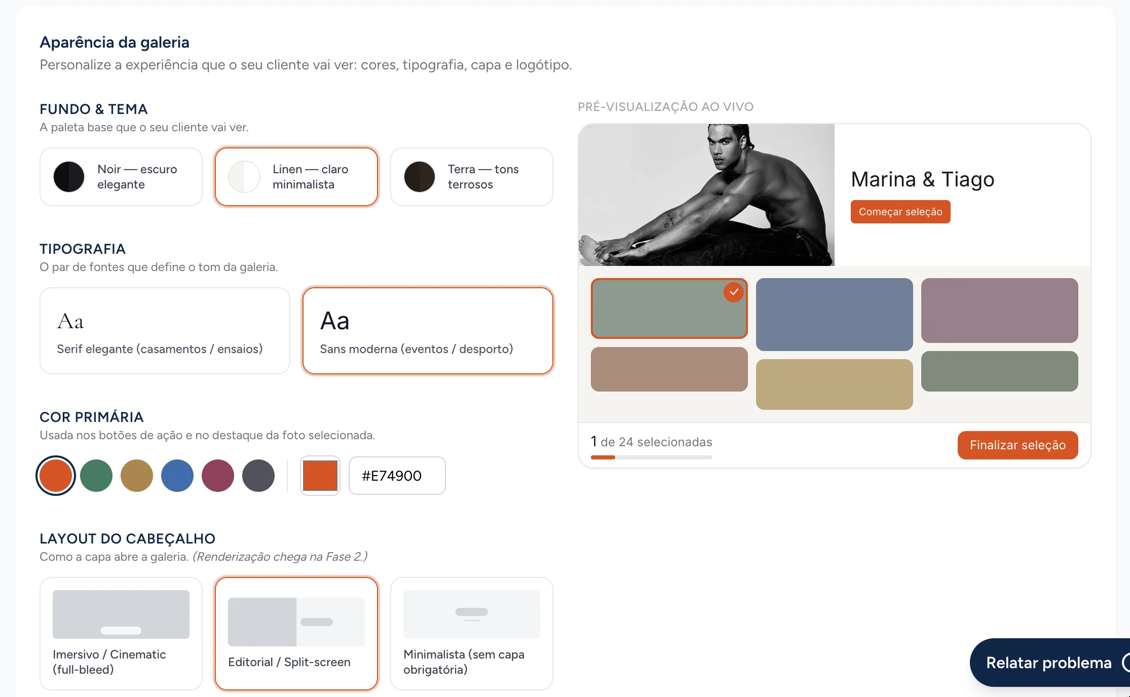 Personalização da galeria de seleção de fotos com cores, tipografia e capa no PhotoSelect